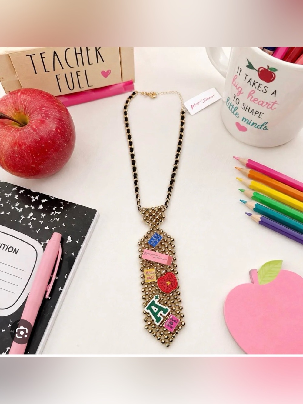 Née Betsey Johnson Best In Class School Charm Tie Long Pendant Necklace - Picture 7 of 8